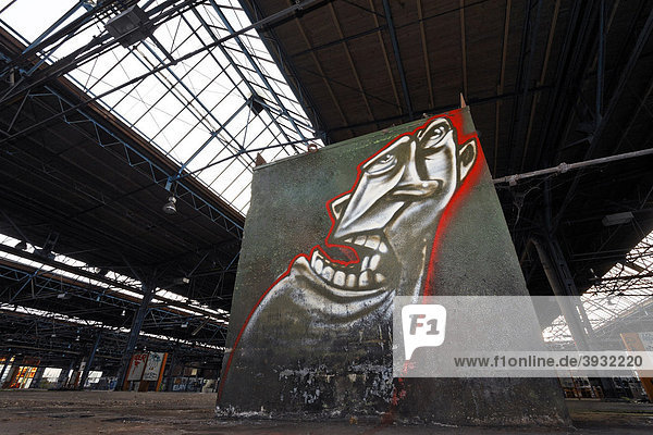 Large repair Hall vacant graffiti head former Ausbesserungswerk repair shop of German Railways closed in 2003 Duisburg-Wedau North Rhine-Westphalia Germany Europe