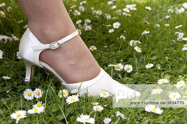 Weißer Hochzeitschuh im Gras mit Gänseblümchen