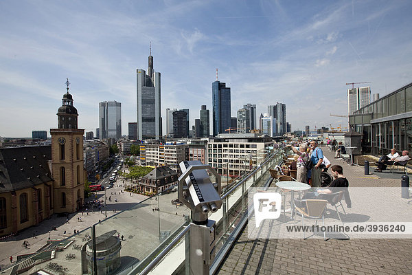 View of the financial district  Commerzbank  European Central Bank  Deutsche Bank  Hessische Landesbank and St. Catherine's Church  Frankfurt am Main  Hesse  Germany  Europe