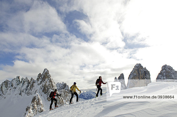 Ski touring  Mt. Sextner Stein  Tre Cime di Lavaredo peaks  Sexten  Hochpustertal valley  South Tyrol  Italy  Europe