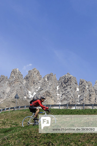 Bike racer at the Passo Gardena  Gardena Pass  South Tyrol  Italy  Europe