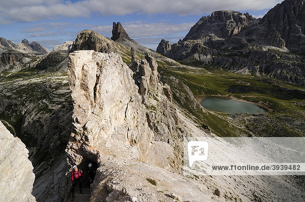 Climbers at a via ferrata tour to Mt. Paternkofel  Hochpustertal  Sexten Dolomites  South Tyrol  Italy  Europe