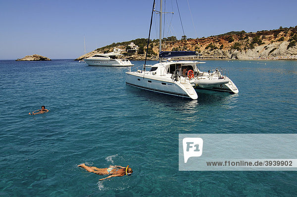 Tour boat  boat trip  Cala d'Hort  Ibiza  Pine Islands  Balearic Islands  Spain  Europe