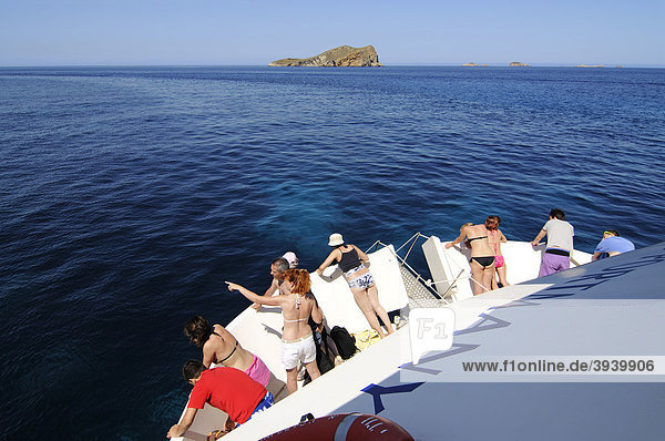 Tourists on a tour boat  Ibiza  Pine Islands  Balearic Islands  Spain  Europe