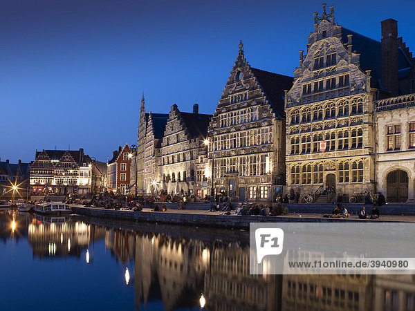 Guild houses at the Graslei and Korenlei quaysides at night in Ghent  Flanders  Belgium  Europe