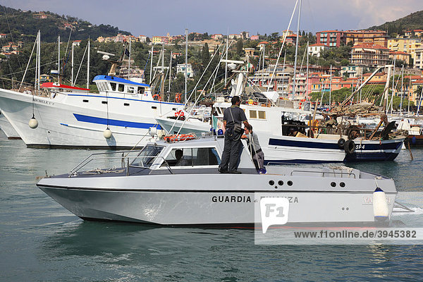 Patrol of the Guardia di Finanza Finance Guard in the port city Lerici on the east side of the Gulf of La Spezia  Liguria  Italy  Europe