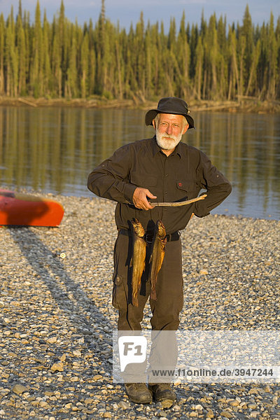 Man presenting smoked fish  Bull Trout  Char (Salvelinus confluentus)  upper Liard River  Yukon Territory  Canada
