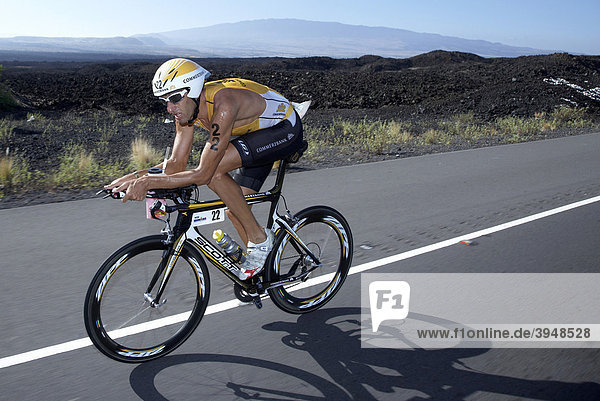 The Belgian professional triathlete Marino Vanhoenacker on the bike course of Ironman Triathlon World Championship in Kona  Hawaii  USA