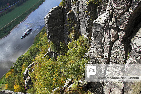 Die Bastei  Felsen im Elbsandsteingebirge über dem Fluss Elbe mit Schiff  Schaufelraddampfer  Nationalpark Sächsische Schweiz im Herbst  Sachsen  Deutschland  Europa