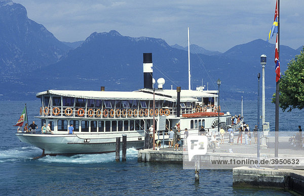Steamer at the dock in Torri del Benaco  steamer  boat  Lake Garda  Italy  Europe