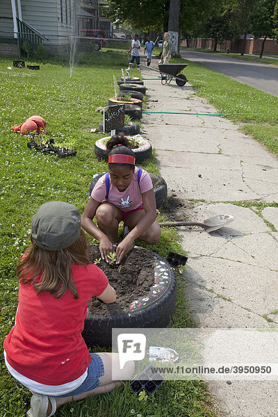 Two girls plant flowers in tires at the edge of a garden in a program called Growing Healthy Kids for children ages 5-11  as part of the Earthworks Urban Garden  which grows food for the Capuchin Soup Kitchen  Detroit  Michigan  USA