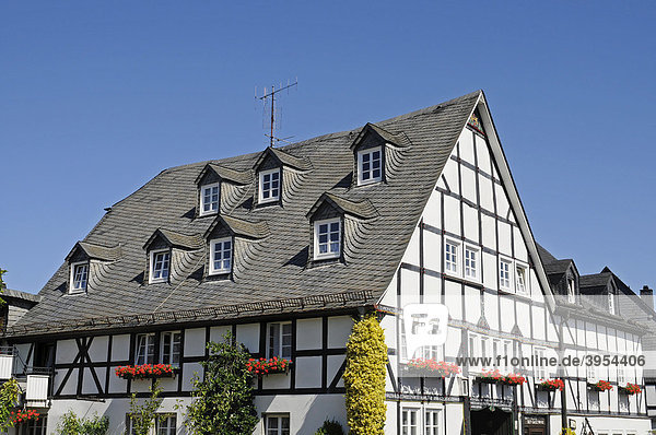 Dach  Dachgiebel  Fenster  Fachwerkhaus  Eversberg  Dorf  Meschede  Sauerland  Nordrhein-Westfalen  Deutschland  Europa