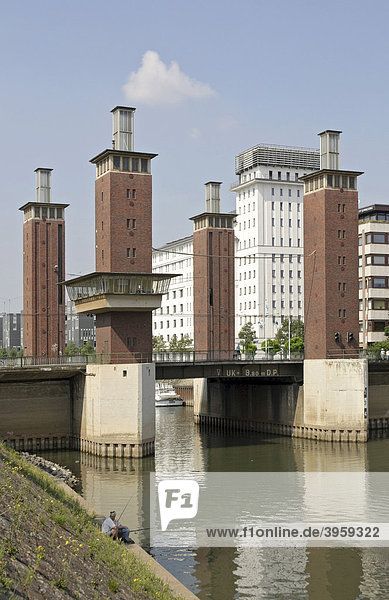 Schwanentor Bridge and Hafenkontor Inner Harbour Duisburg North Rhine-Westphalia Germany Europe