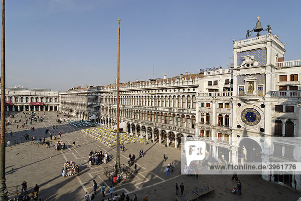 View from the San Marco's basilica to the Piazza San Marco with the bell tower Torre dell Orologio  Venice  Venezia  Italy  Europe