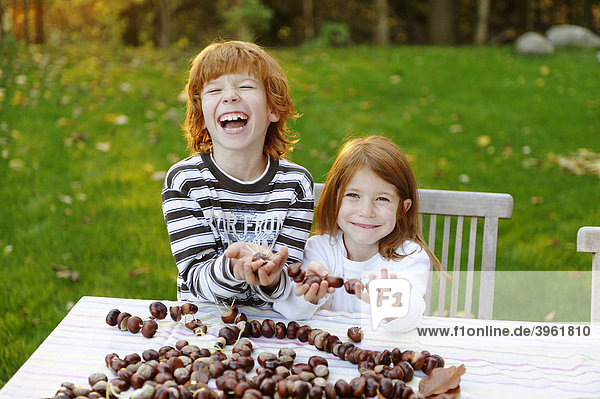 Girl and a boy playing in the garden with chestnuts  chestnut figures