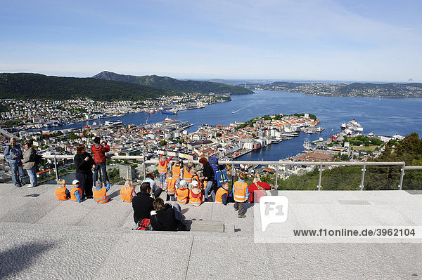Historic centre with city harbour from the city hill and view point Floyen  Bergen  Norway  Europe
