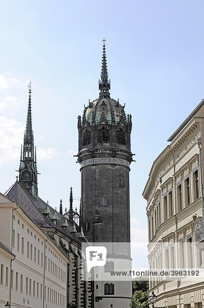 Teilansicht  Turm der evangelischen Schlosskirche  Lutherstadt Wittenberg  Sachsen-Anhalt  Deutschland  Europa