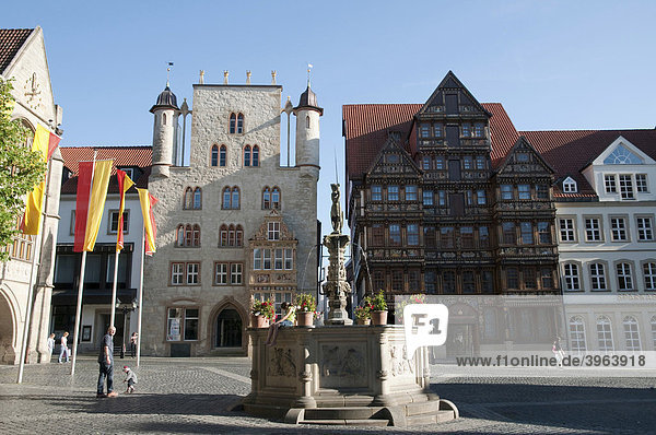 Brunnen und historische Gebäude am Marktplatz  Hildesheim  Niedersachsen  Deutschland