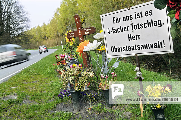 Schild Für uns ist es 4-facher Totschlag  Herr Oberstaatsanwalt der Stiftung Raser-Täter-Opfer  Unfallstelle auf der Insel Rügen  B 96 zwischen Lietzow und Bergen  Deutschland  Europa