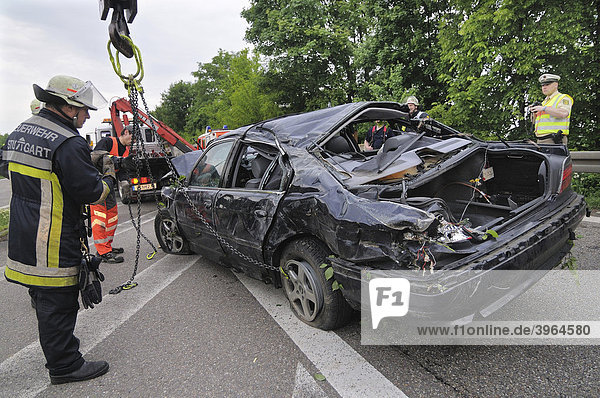 Fatal traffic accident  7 series BMW car gone off the road  Stuttgart  Baden-Wuerttemberg  Germany  Europe