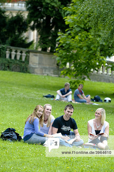 Students at the University of Hohenheim  in Hohenheim Castle Park  Hohenheim  Baden-Wuerttemberg  Germany  Europe