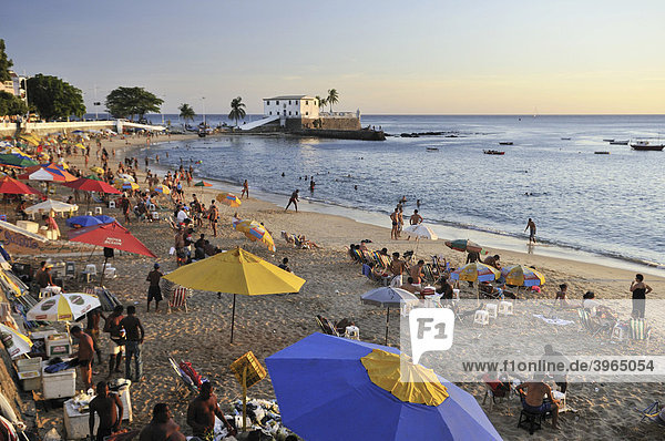 Lively beach of Porto da Barra and Forte Santa Maria fortress, Salvador, Bahia, Brazil, South America, Lively beach of Porto da Barra and Forte Santa Maria fortress, Salvador, Bahia, Brazil, South America