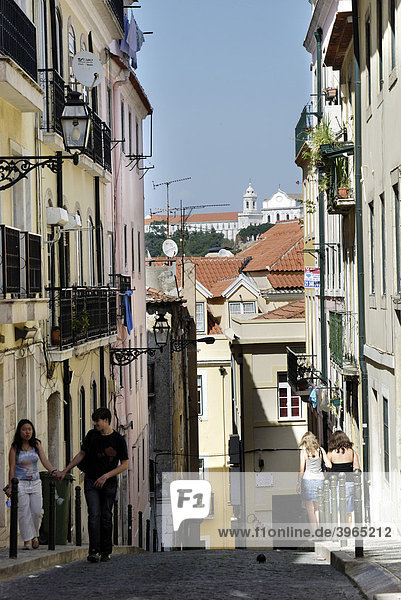 Street scene in the Chiado district overlooking Baixa and the Church of Nossa Senhora Gracas  Lisbon  Portugal  Europe