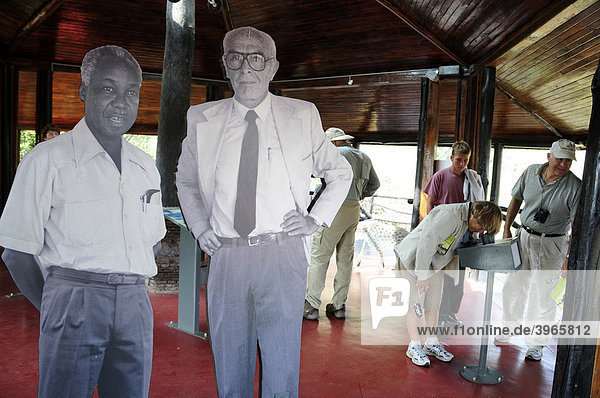 Cardboard cut-out of Bernhard Grzimek with the former Tanzanian President Julius Nyerere in the visitor center of Seronera  Serengeti National Park  Tanzania  Africa