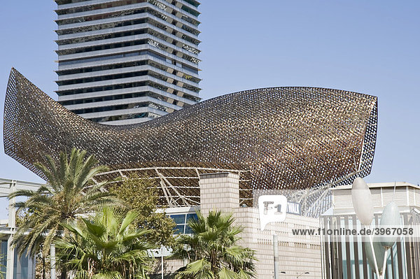 Fish Skulptur Pez y Esfera von Frank Gehry und MAPFRE Turm  Barceloneta Strand  Barcelona  Katalonien  Spanien  Europa
