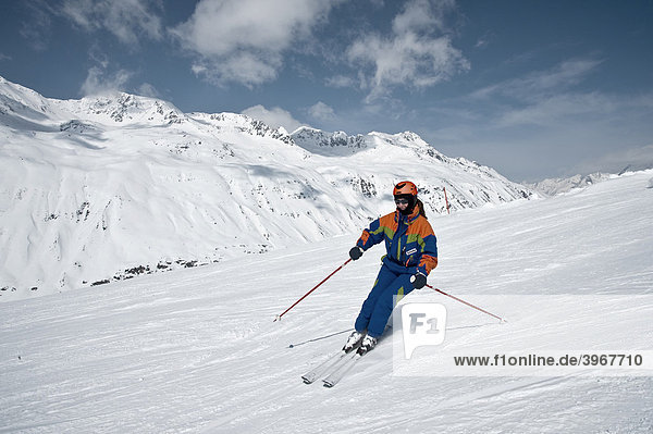 Female skier with helmet  skiresort Obergurgl  Hochgurgl  Oetztal Valley  Tyrol  Austria