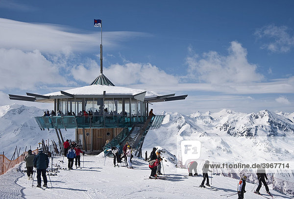 Restaurant with panoramic view Top Mountain Star on Wurmkogel mountain with view on Nederkogel mountain  Hochgurgl  Oetztal Valley  Tyrol  Austria