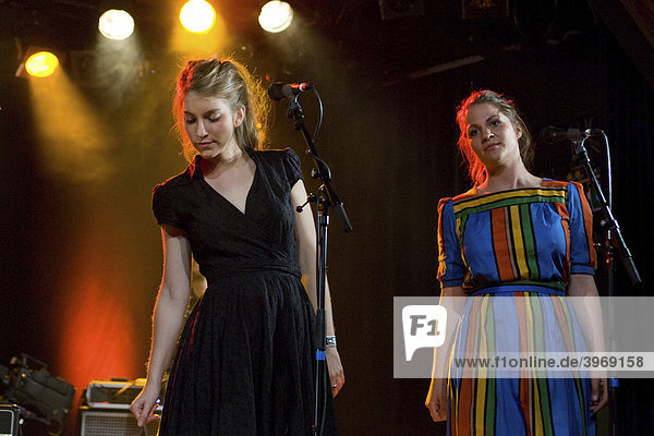 Swiss singers and musicians Valeska Steiner left and Priska Zemp known as Heidi Happy performing live during the music project Song Circus hosted by Coal & Band at Schueuer concert hall Lucerne Switzerland Europe