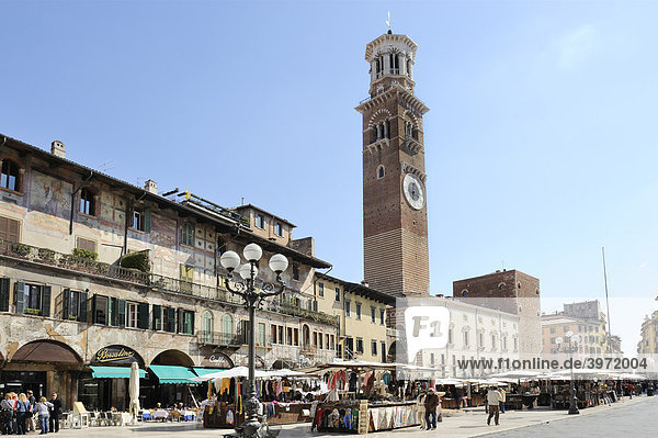 Piazza Erbe square with the tower of Torre del Lamberti  Lake Garda  Italy  Europe