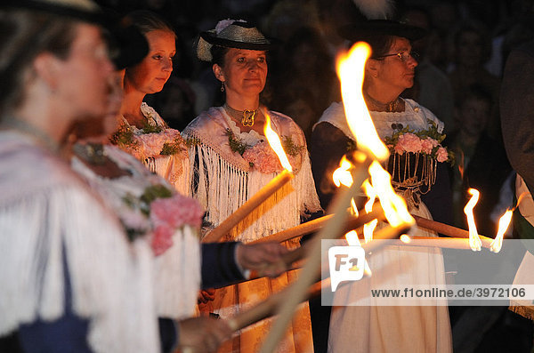 Women in traditional costumes  Johanni procession in Wolfratshausen  Bavaria  Germany  Europe