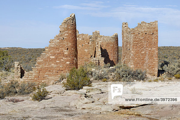 Reste historischer Bauten der Ancestral Puebloans  Hovenweep Castle  um 1200 n. Chr.  Little Ruin Canyon  Hovenweep National Monument  Colorado  USA