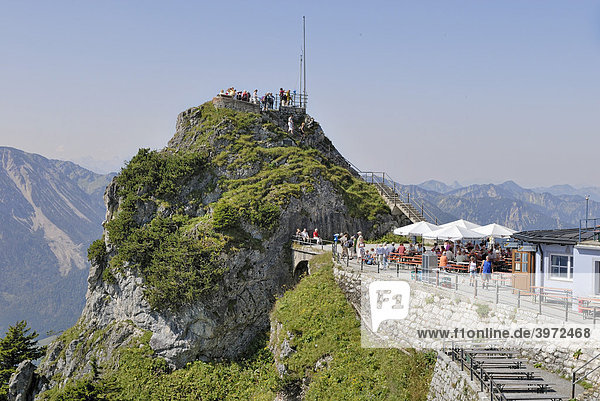 Gacherblick viewing platform and mountain terrace at Wendelsteinhaus  Bayrischzell  Upper Bavaria  Bavaria  Germany  Europe