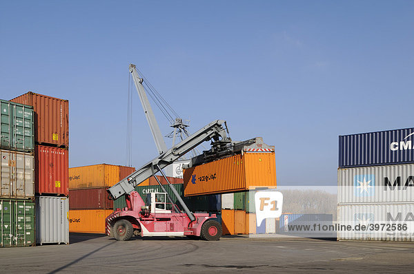 Reachstacker transportiert 40 Fuß Container  Containerterminal Bonn  Hafen Bonn  Nordrhein-Westfalen  Deutschland
