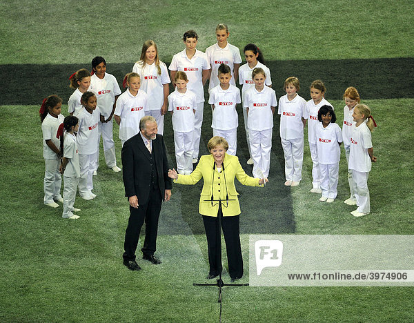 Rainer BRECHTKEN President of the Deutscher Turnerbund German Gymnastic Federation DTB Federal Chancellor Dr. Angela Merkel stadium gala Commerzbank Arena stadium Internationales Deutsches Turnfest International German Gymnastics Festival 2009 festival hall Frankfurt am Main Hesse Germany Europe
