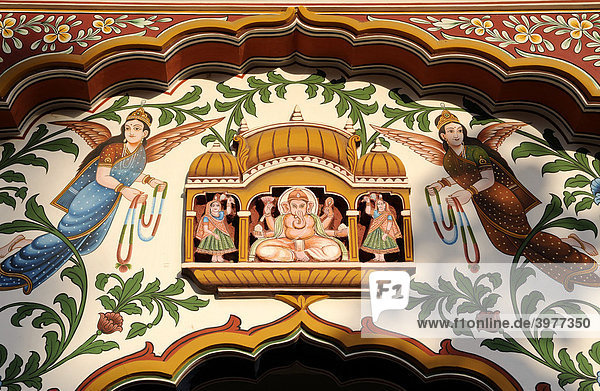 Mural with Ganesha  the elephant-headed god in the centre  Rajasthan  North India  South Asia