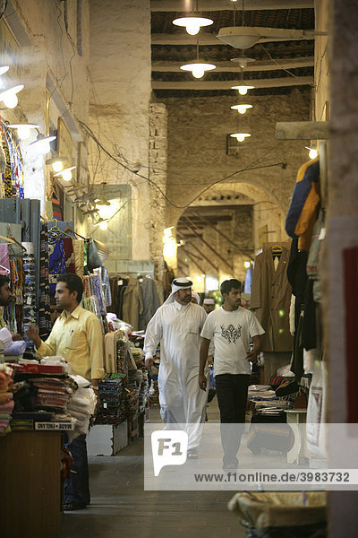 Souq al Waqif in the evening  oldest souq  bazaar in the country  the old part is newly renovated  the newer parts have been reconstructed in a historical style  Doha  Qatar