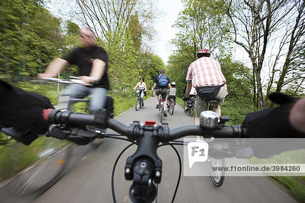 Biking on a bicycle track along the Ruhr river  Essen  North Rhine-Westphalia  Germany  Europe