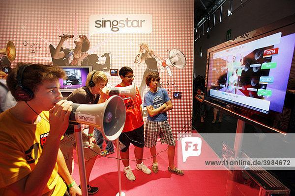 Sony PlayStation Singstar karaoke singing game  stand at the Entertainment Area of the Gamescom  the world's largest fair for computer games in the Messe Koeln Cologne Exhibition Center  North Rhine-Westphalia  Germany  Europe