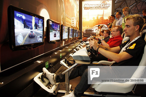 Driving simulator  car racing games  driving games at the Entertainment Area of the Gamescom  the world's largest fair for computer games in the Messe Koeln Exhibition Center  Cologne  North Rhine-Westphalia  Germany  Europe