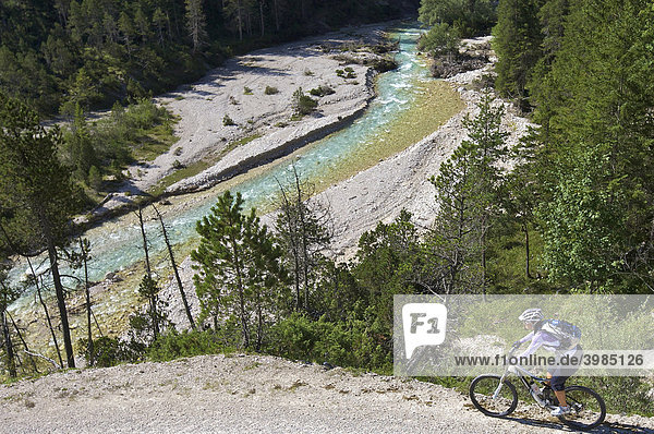 Mountainbike-Fahrerin an der Isar südöstlich von Scharnitz  Tirol  Österreich