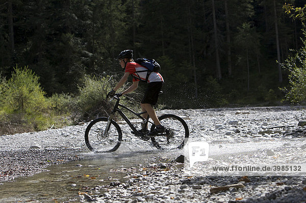 Mountainbike-Fahrer bei Bachdurchquerung im Eschenlainetal  Eschenlohe  Oberbayern  Bayern  Deutschland
