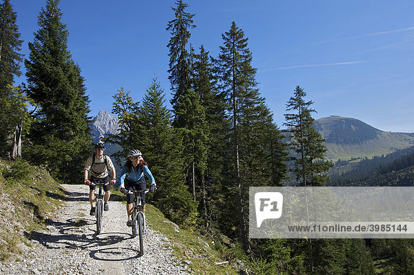 Mountainbike riders  male and female between Karwendelhaus  alpine club house  and Kleiner Ahornboden forest district  Hinterriss  Tyrol  Austria  Europe