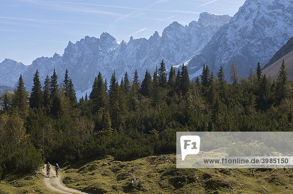 Mountainbike riders  male and female between Karwendelhaus  alpine club house  and Kleiner Ahornboden forest district  Hinterriss  Tyrol  Austria  Europe