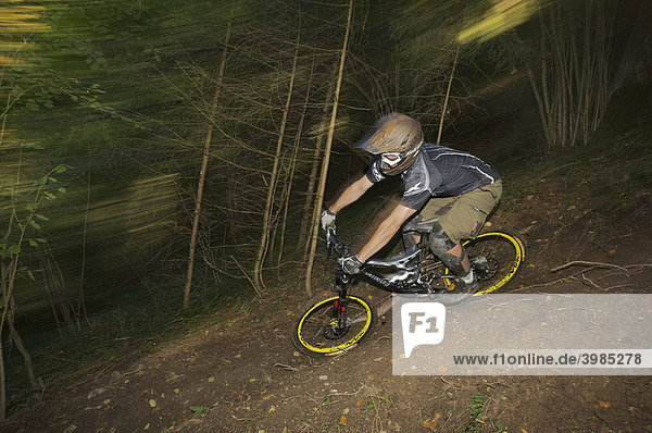 Mountainbiker on downhill track at Hopfgarten in the Brixental valley  Tyrol  Austria  Europe