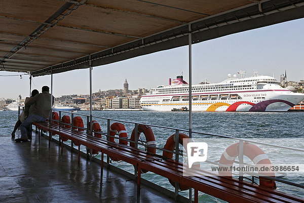 View from the deck of a ferry on cruise ships at the quay of Tophane  Bosphorus  Istanbul  Turkey
