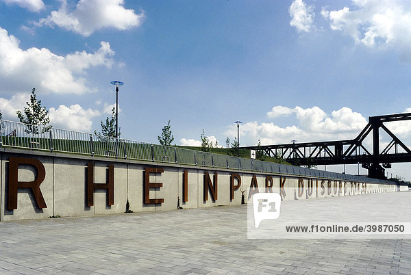 Rheinpark lettering on the river Rhine front new city district on the Rhine Duisburg Hochfeld North Rhine-Westphalia Germany Europe